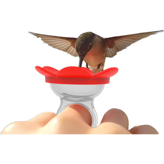 A hummingbird is perched on a flower-shaped bird feeder mounted on a human finger, shown against a plain white background.