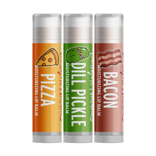 Three lip balm tubes labeled 'Pizza', 'Dill Pickle', and 'Bacon' on a white background.