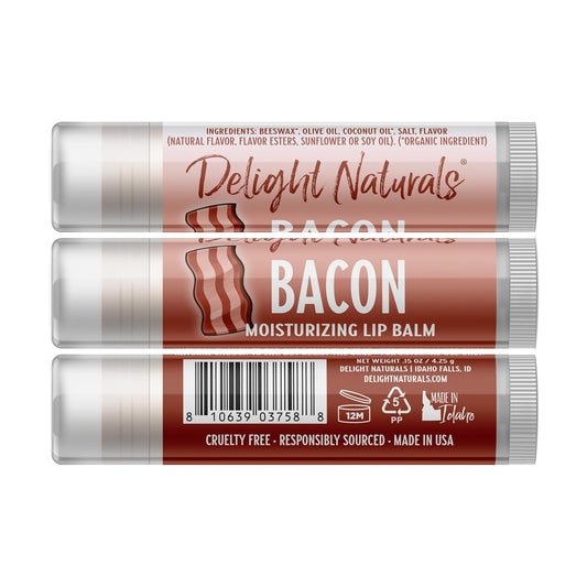 Three Delight Naturals Bacon-flavored lip balms on a white background