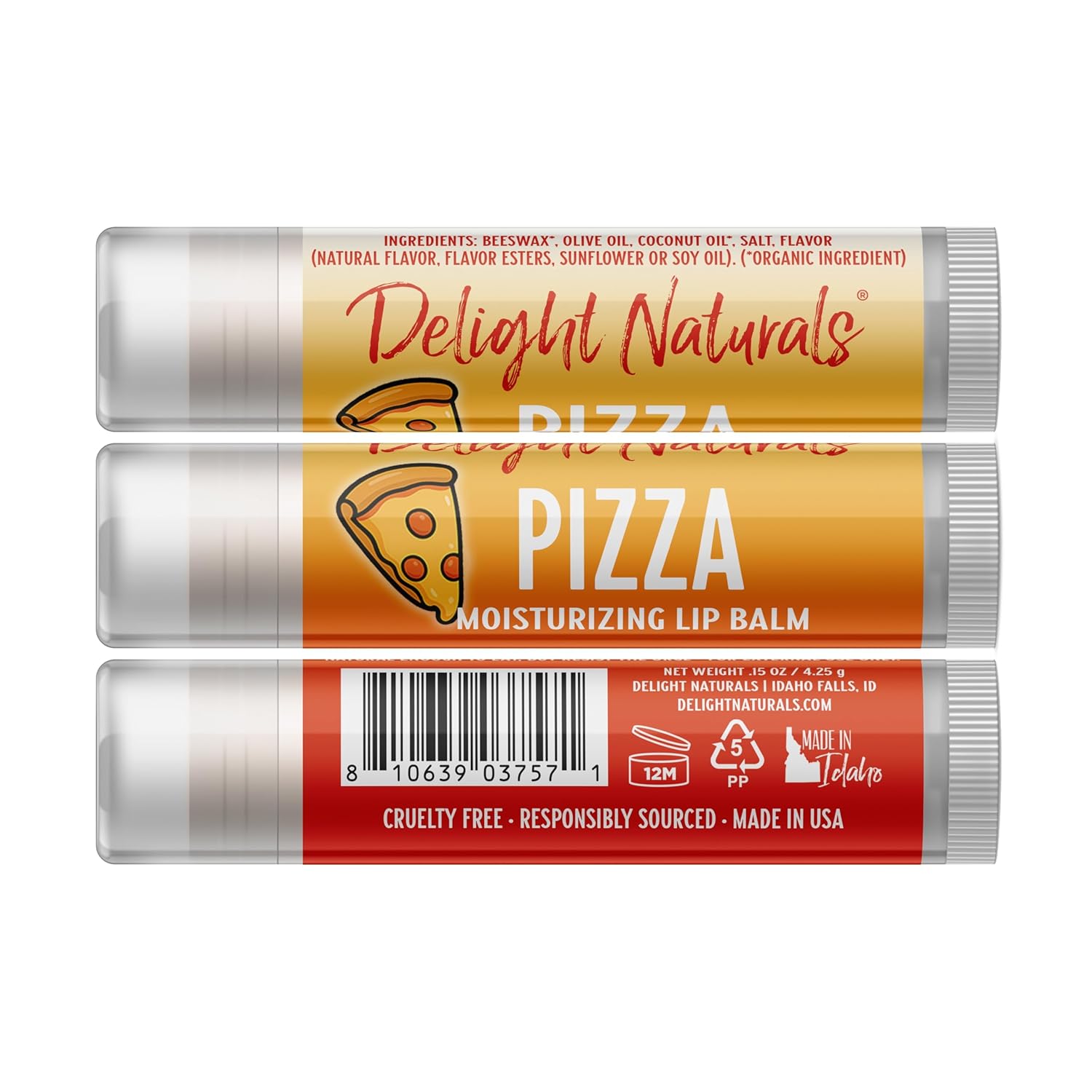 Three Delight Naturals Pizza-flavored lip balms on a white background