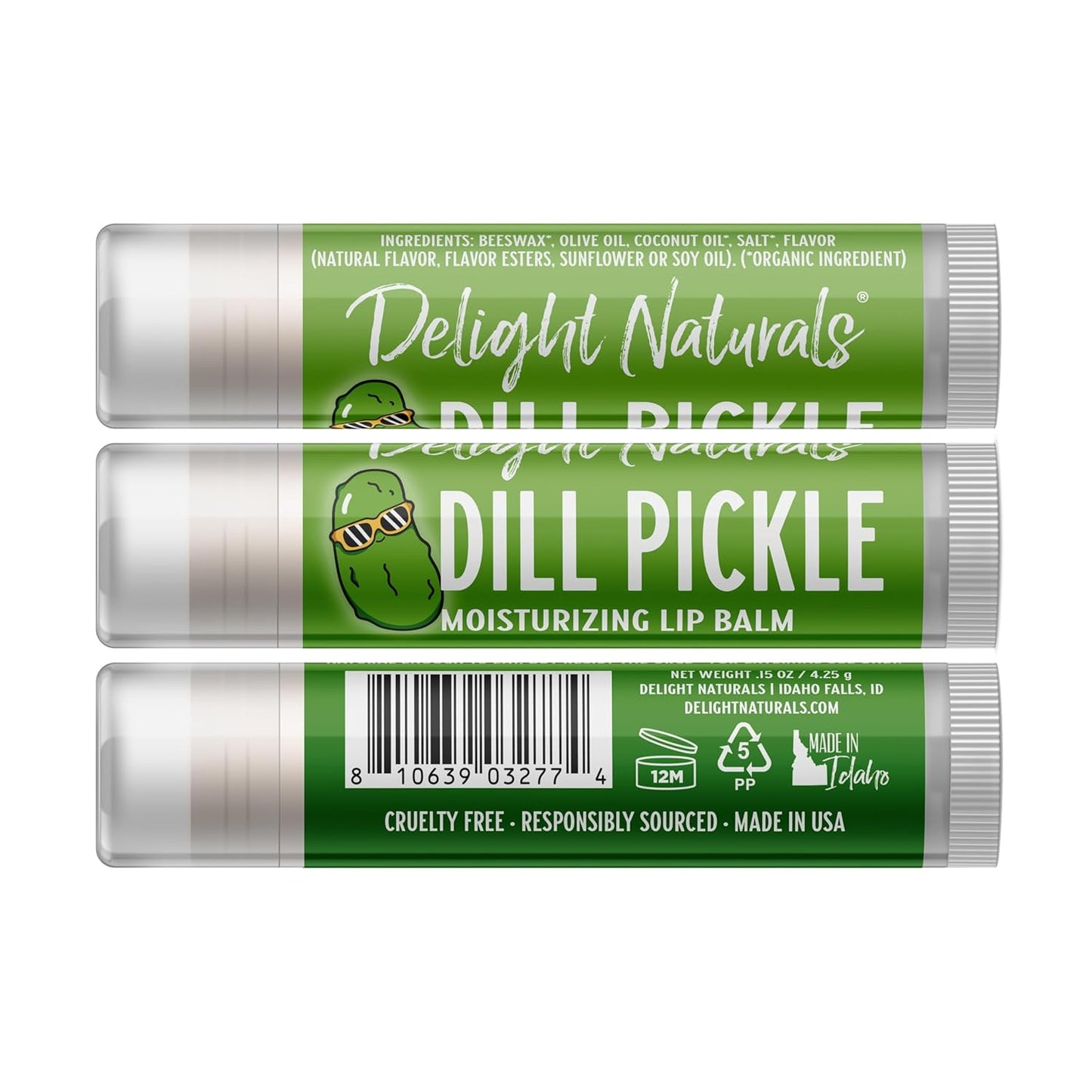 Three Dill Pickle moisturizing lip balms by Delight Naturals on a white background