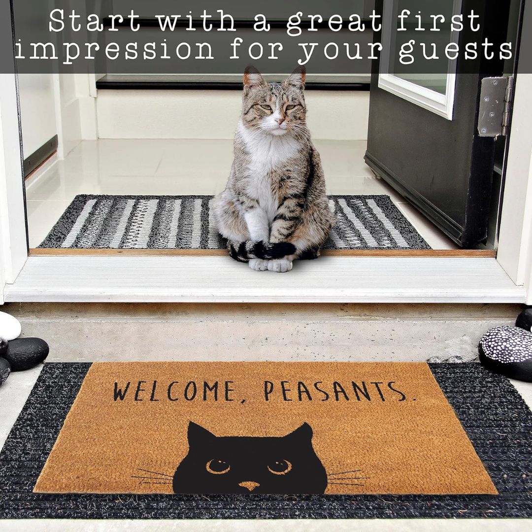 Cat sitting in a doorway in front of a mat with 'Welcome, Peasants' text and a cat illustration.