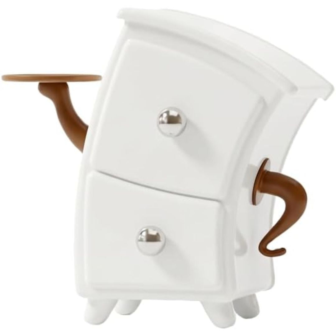 A white two-drawer desk storage cabinet with curved brown side handles and small silver knobs, shown on a plain white background.