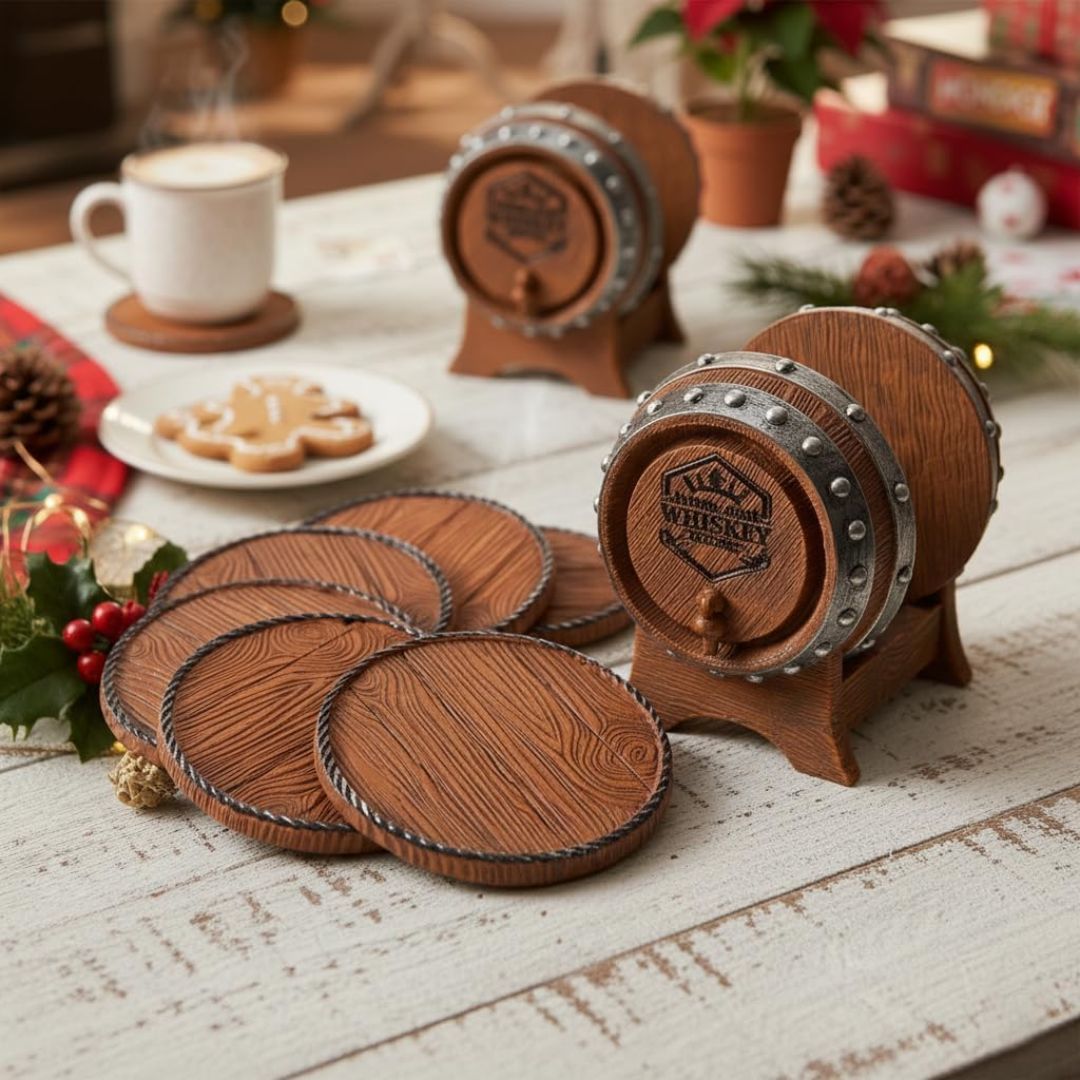 Wooden barrel-shaped coasters on a rustic table with a cup and cookies.