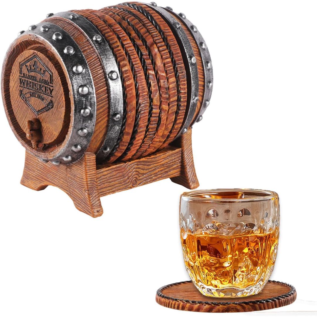 Whiskey barrel coaster set with six round drink coasters