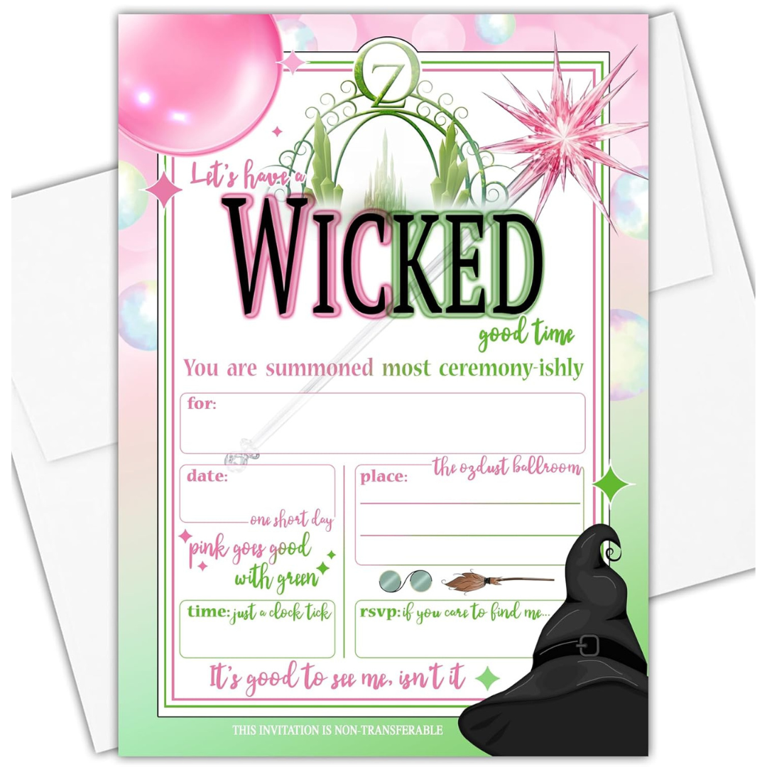 A pink and green invitation with a "Wicked" theme, featuring balloons, a castle, and a witch hat. Text: "LET'S HAVE A WICKED GOOD TIME" and "YOU ARE SUMMONED MOST CEREMONY-ISHLY."