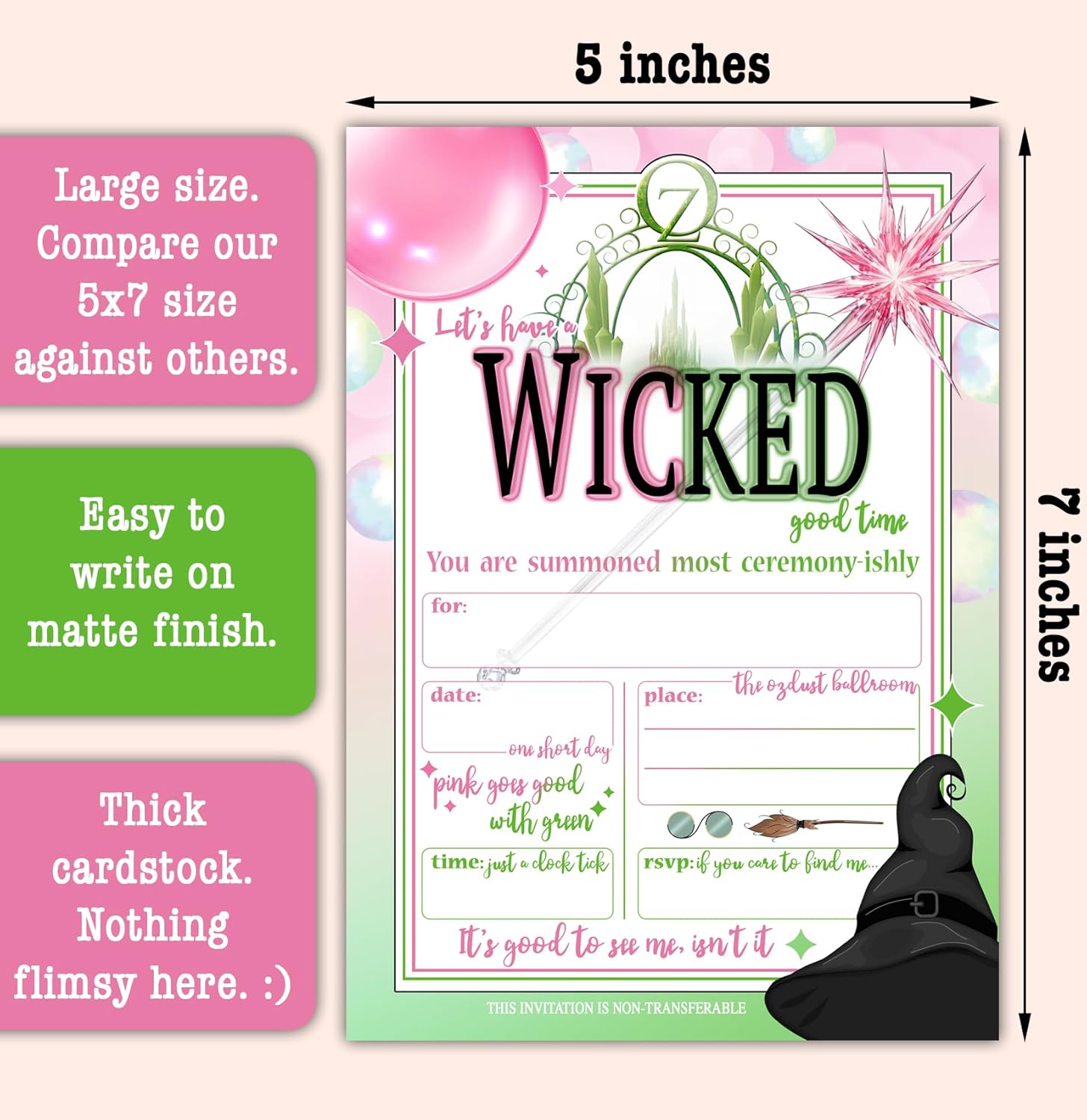 A 5x7 "Wicked" themed invitation with pink and green design, featuring balloons and a witch hat. Text: "Large size," "Easy to write on matte finish," "Thick cardstock. Nothing flimsy here. :)"