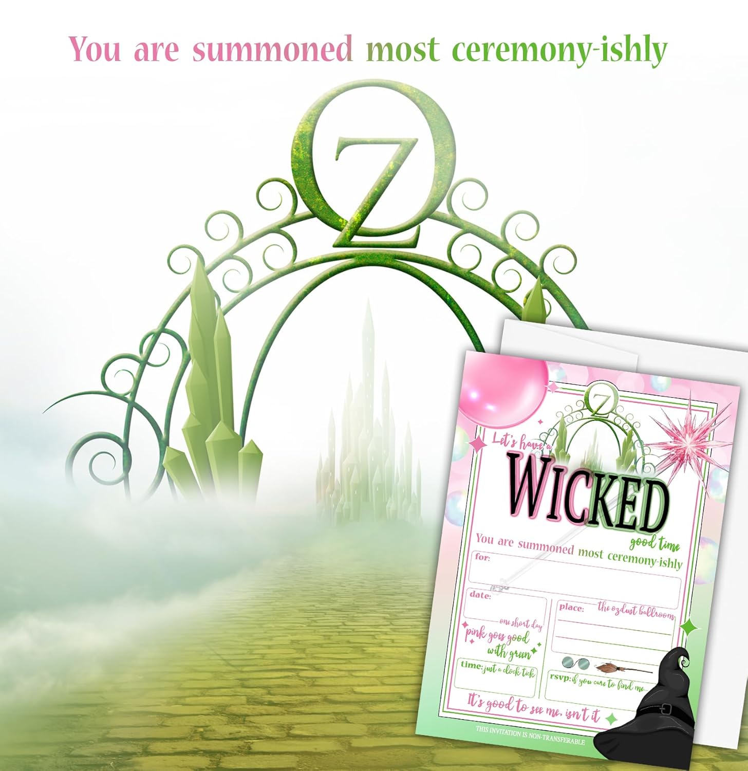 A "Wicked" themed invitation with a pink and green design, set against a backdrop of the Emerald City and yellow brick road. Text: "YOU ARE SUMMONED MOST CEREMONY-ISHLY."