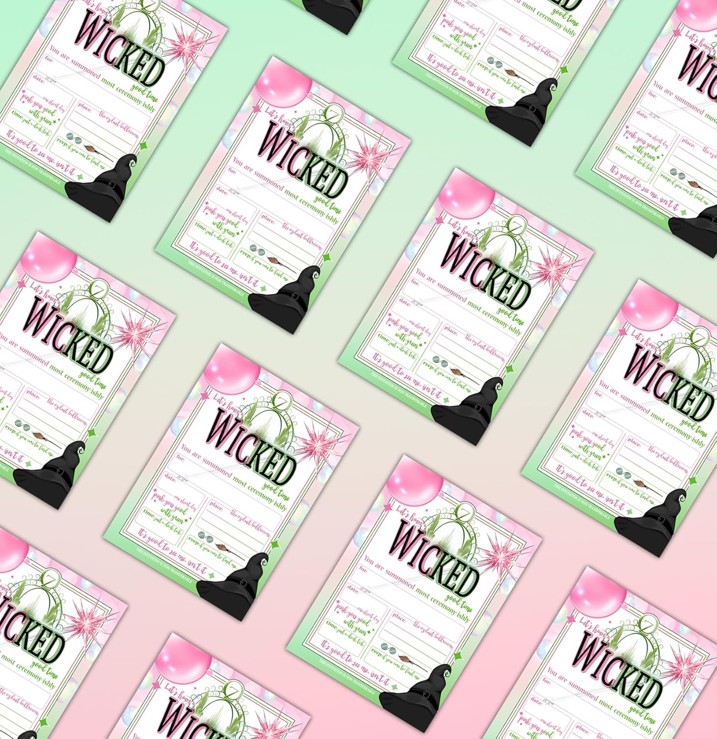 Multiple "Wicked" themed invitations in pink and green, with balloons and a witch hat, arranged in a grid. Text: "LET'S HAVE A WICKED GOOD TIME" on each card.