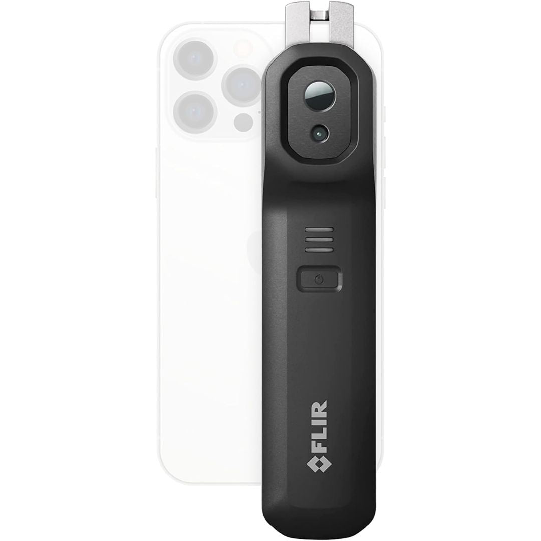 A black wireless thermal imaging camera on a white background