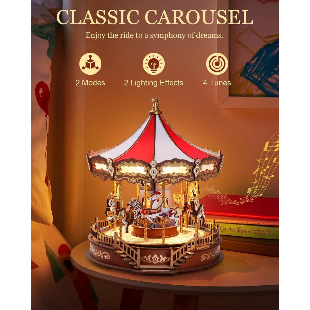 A 3D wooden carousel music box on a table with text saying 'Classic Carousel, 2 modes, 2 lighting effects, 4 tunes'