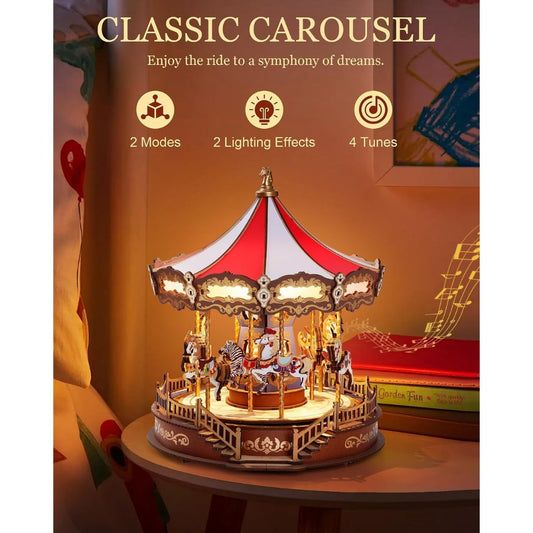 A 3D wooden carousel music box on a table with text saying 'Classic Carousel, 2 modes, 2 lighting effects, 4 tunes'