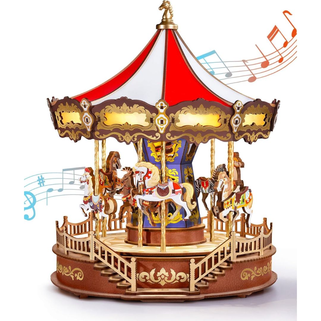 A 3D wooden carousel music box on a white background