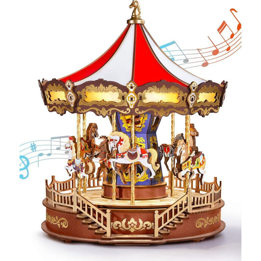 A 3D wooden carousel music box on a white background