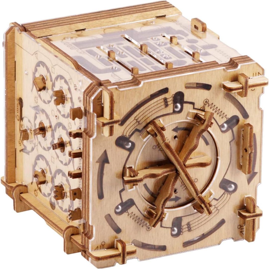 Wooden escape room puzzle box with maze panels, levers and mechanical puzzle details