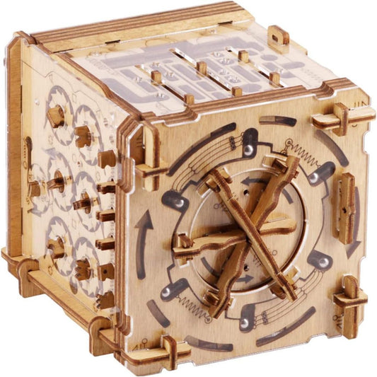 Wooden escape room puzzle box with maze panels, levers and mechanical puzzle details