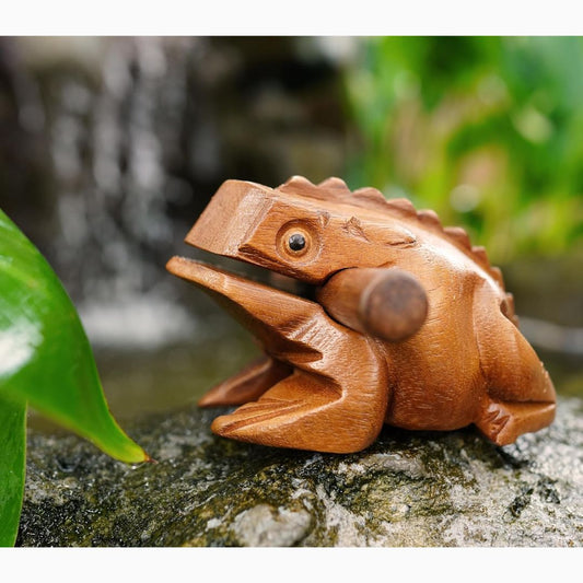 Wooden frog rasp instrument on a natural background