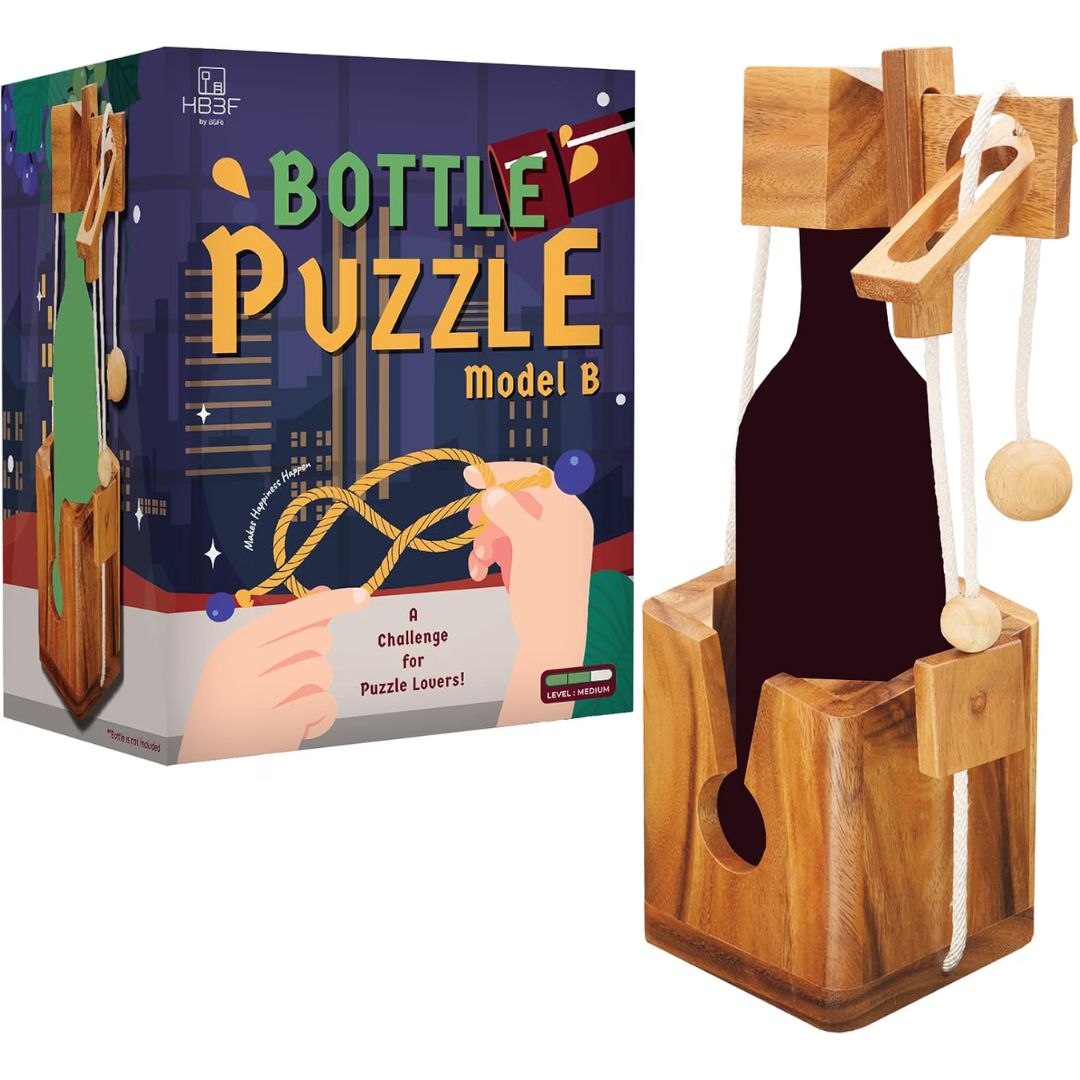 Wooden wine bottle lock puzzle with packaging 