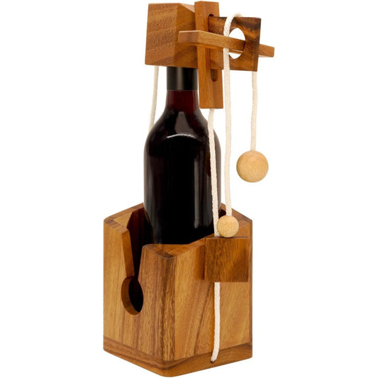 Wooden wine bottle lock puzzle on white background