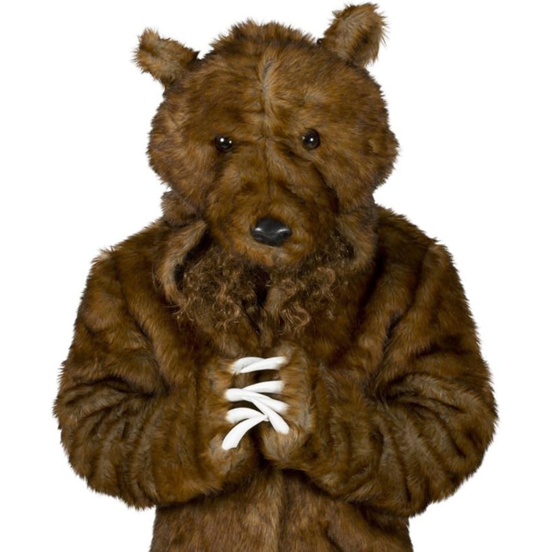 Brown faux fur bear costume with realistic bear head hood and large clawed paw gloves