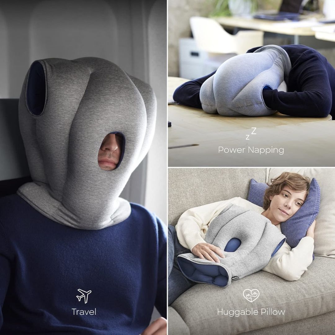 Collage of a travel pillow in use on a plane, at home, and on a couch.