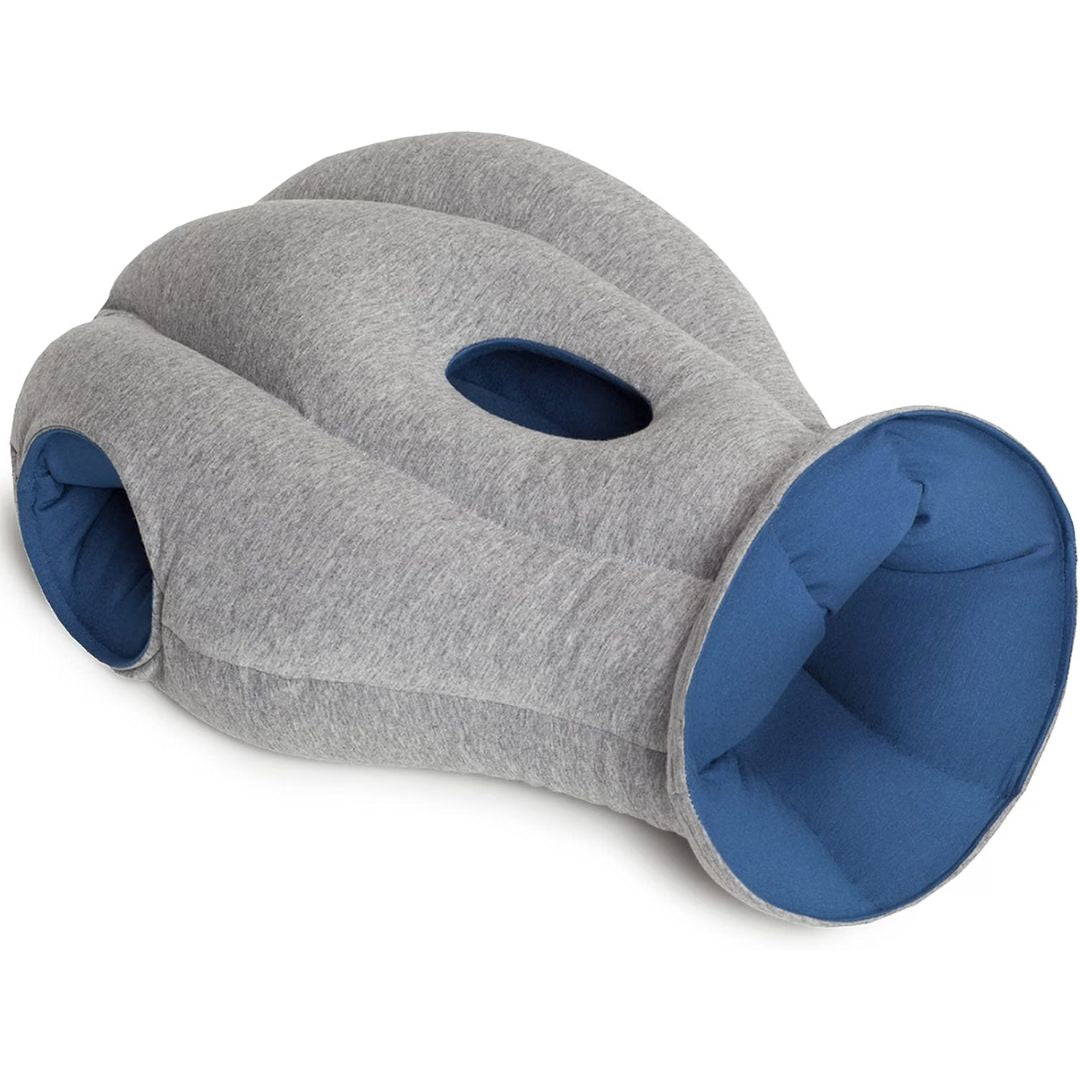 A gray ostrich travel pillow with a blue interior, featuring multiple openings and a central ventilation hole, shown on a white background.