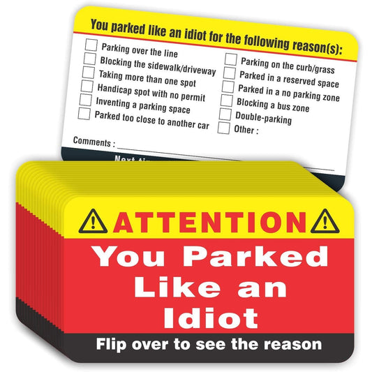 A set of business cards showing the front and back. The cards are used to place on peoples cars when they have parked badly. The front of the card says, 'You parked like an idiot' and the back of the card has a set of checkboxes which can be ticked.
