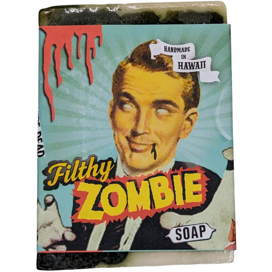 A bar of soap with packaging with text on it that says, 'Filthy zombie soap'