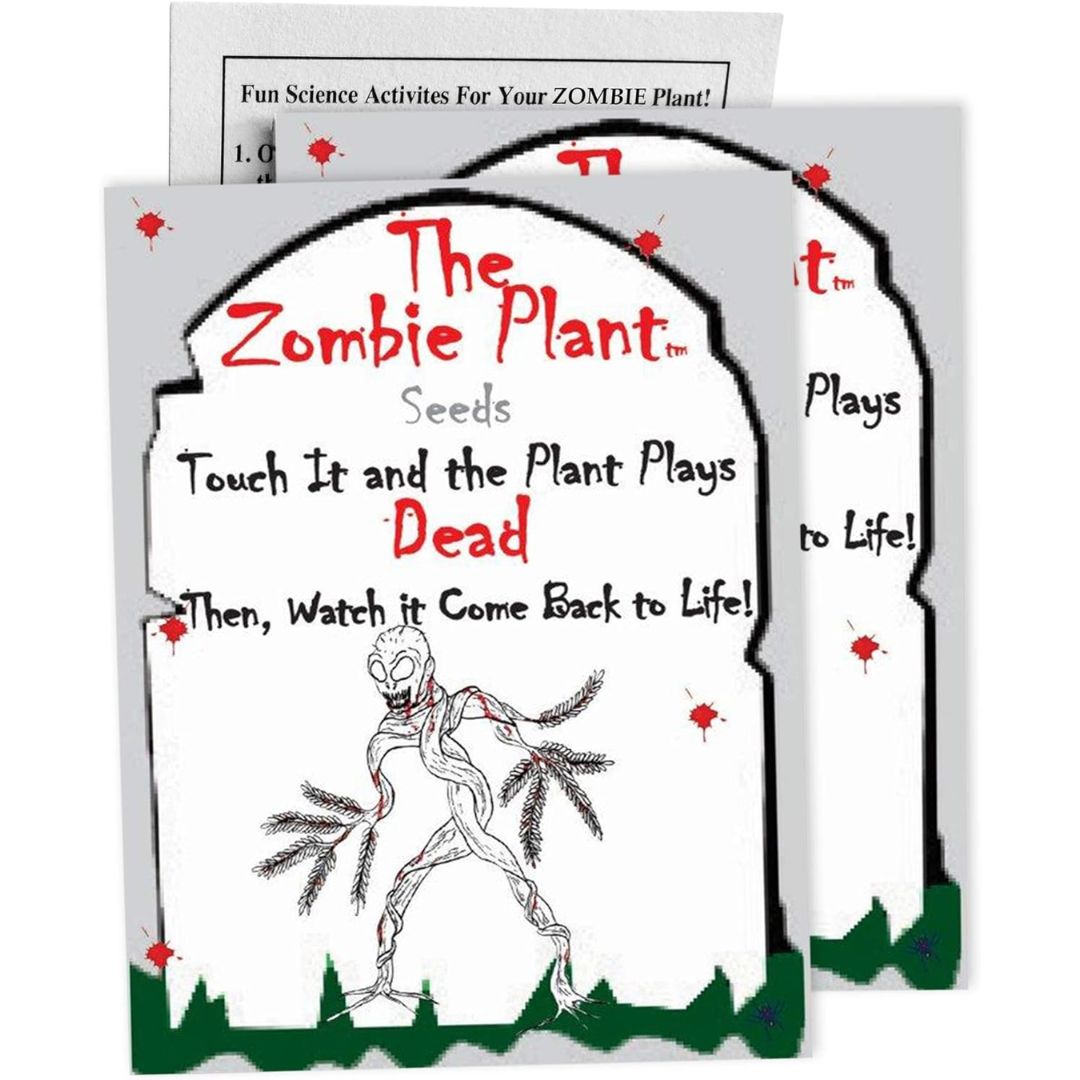 Zombie plant seeds packaging with text and illustration on a white background