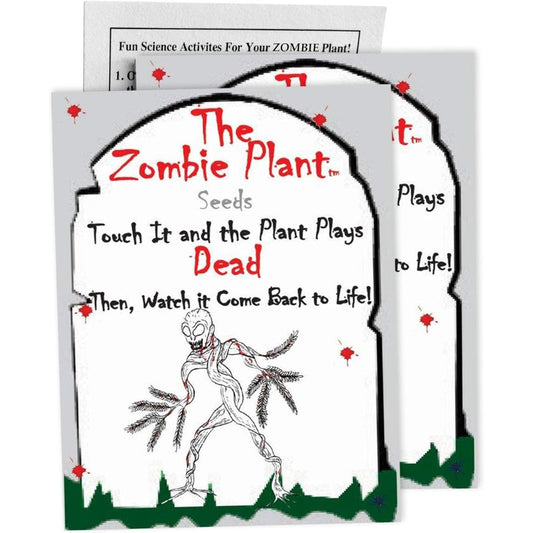 Zombie plant seeds packaging with text and illustration on a white background