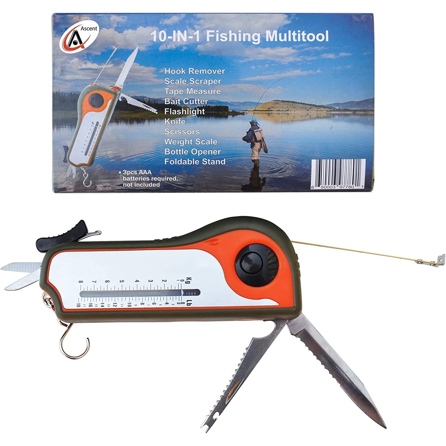 A 10-in-1 fishing multitool as well as the packaging for the item.