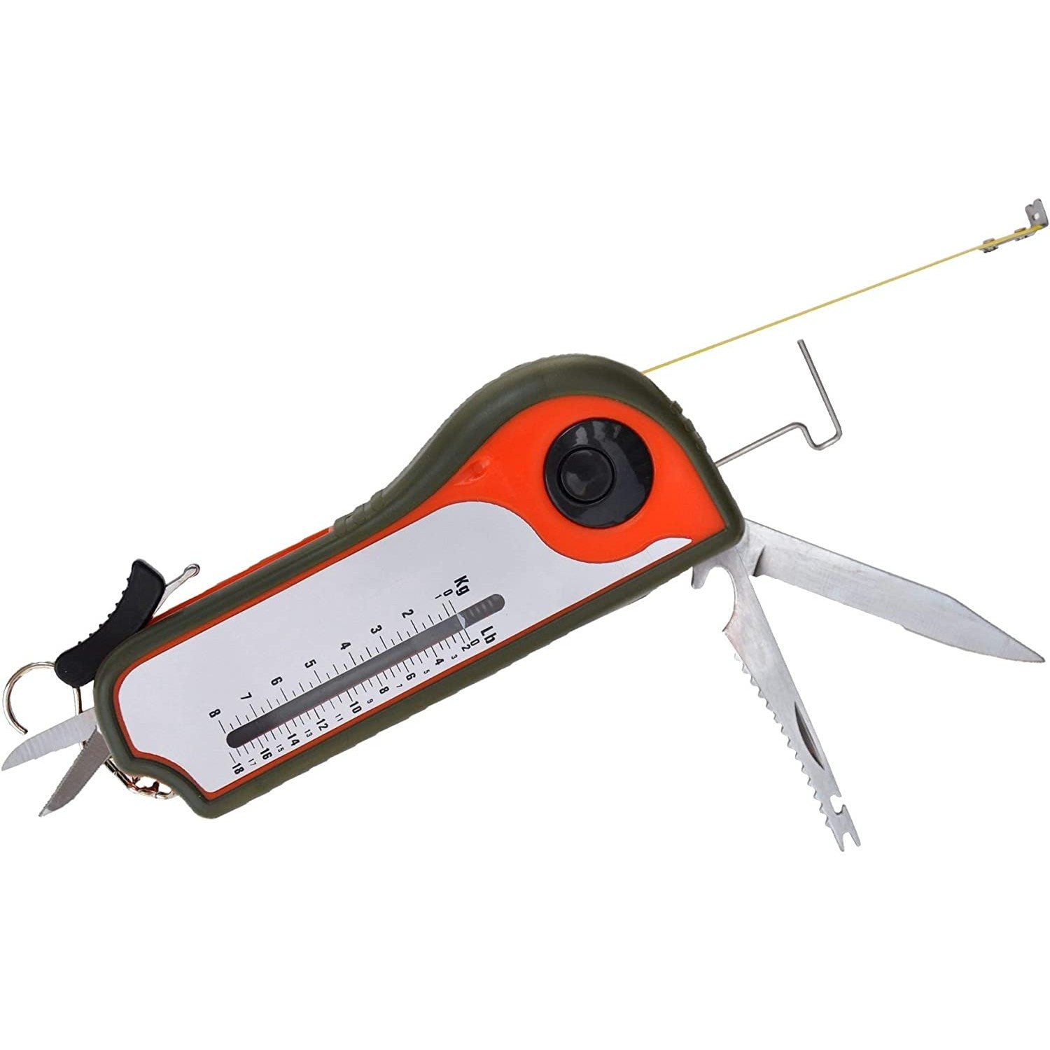 A fishing multitool with some of the various tools shown such as a tape measure, weight scale, scaling knife and more.
