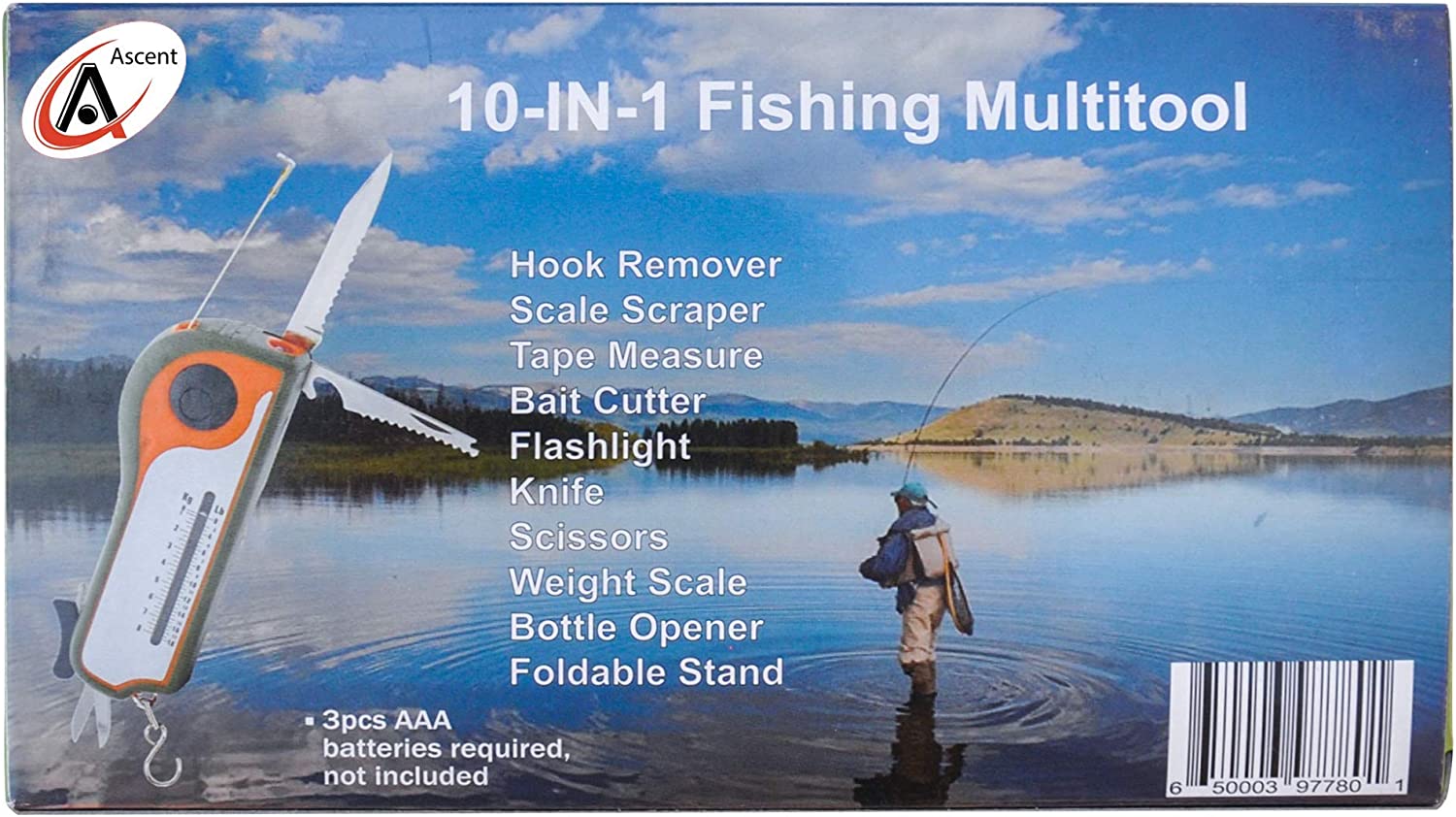 The packaging for a 10-in-1 fishing multi tool. The text reads, '10-in-1 multi tool. Hook remover, scale scraper, tape measure, bait cutter, flashlight, knife, scissors, weight scale, bottle opener, foldable stand.'