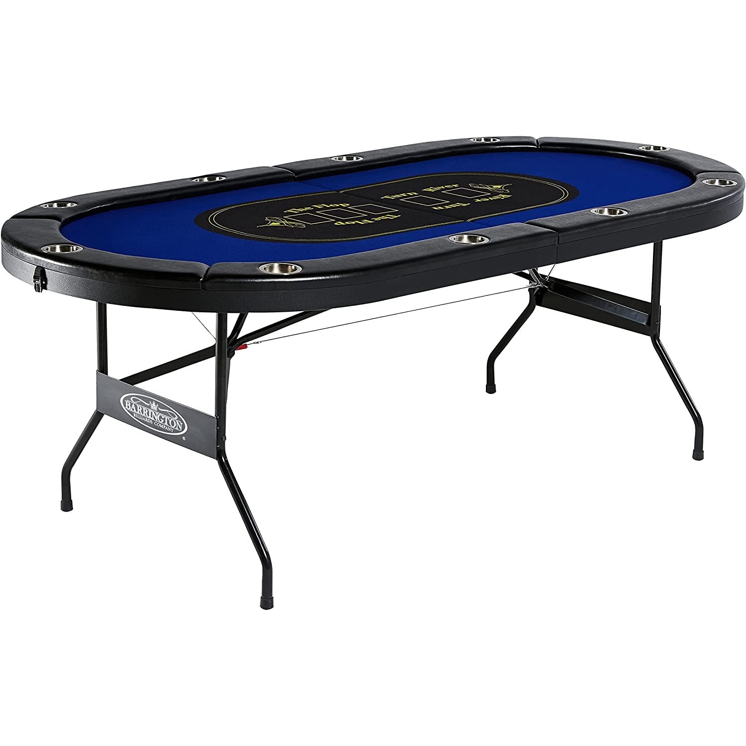 A ten person fold up poker table colored black with blue felt.
