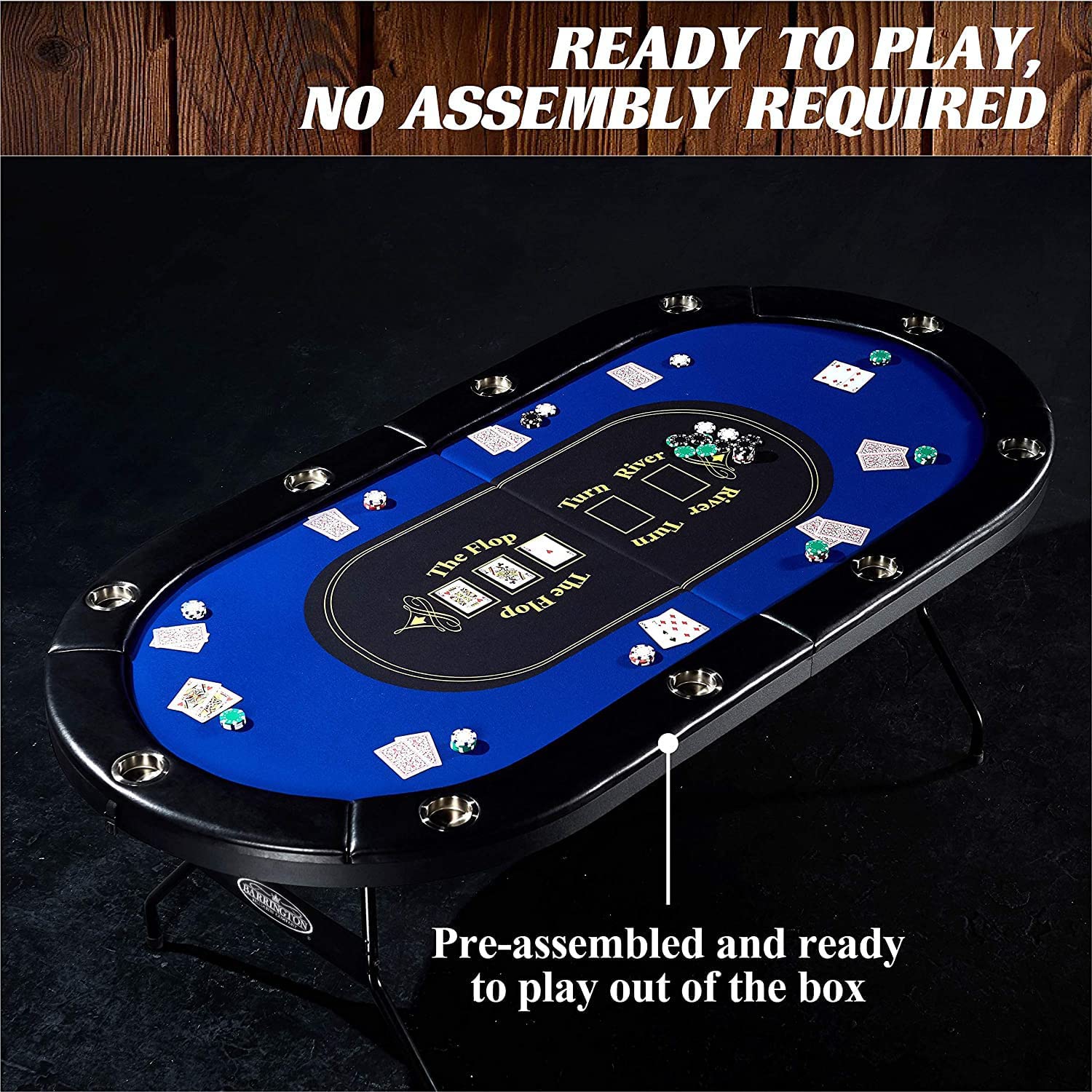 A large black with blue felt 10 person poker table complete with playing cards and cup holders. The text reads, 'Ready to play, no assembly required. Pre-assembled and ready to play out of the box.'