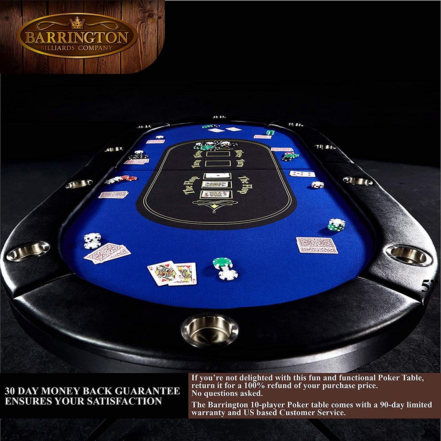 A stylish and large 10 player poker table which has blue casino style felt. There are playing cards and chips on the table. The text says, '30 days money back guarantee.'