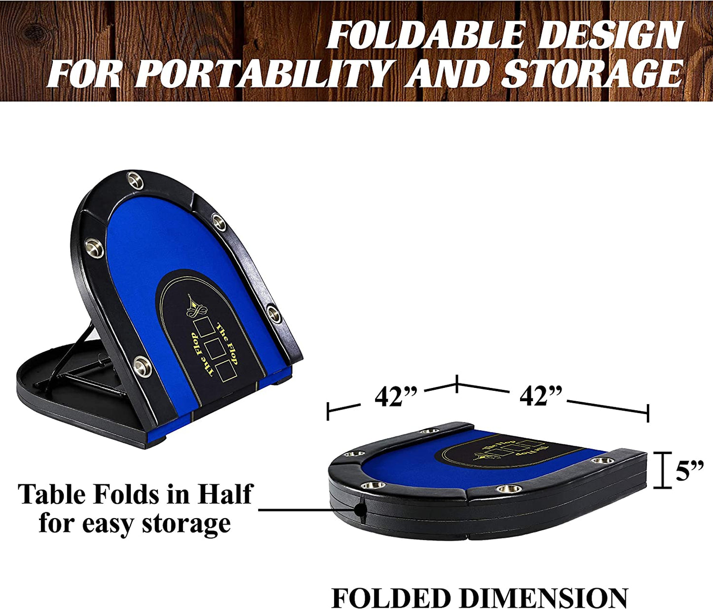 Size dimensions for a 10 player folding poker table. The measures when folded are 42 inches x 42 inches. The text says, 'Foldable design for portability and storage.'