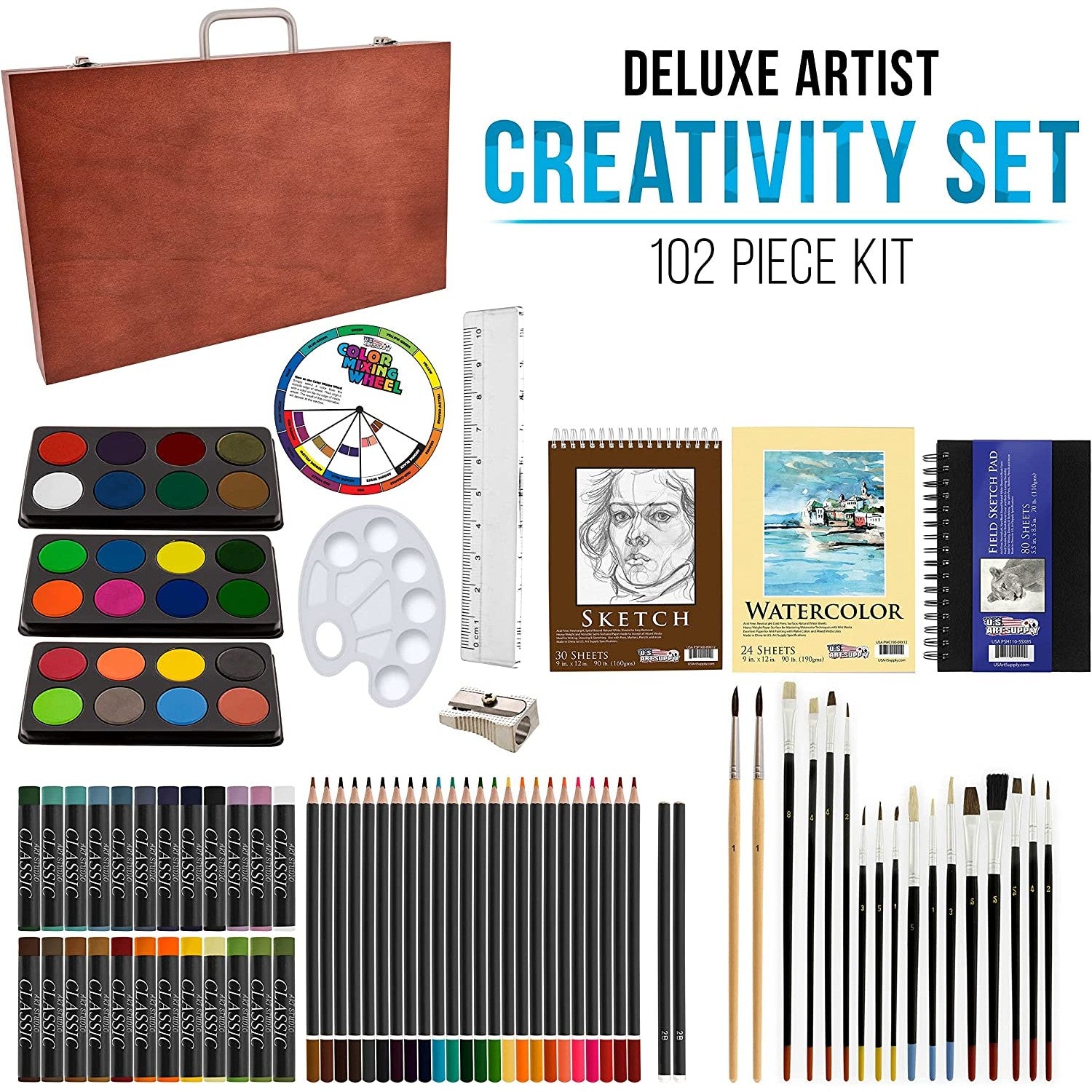 A 102 piece artist drawing set which includes a wooden case. There is text which reads, 'Deluxe artist creativity set 102 piece kit.'