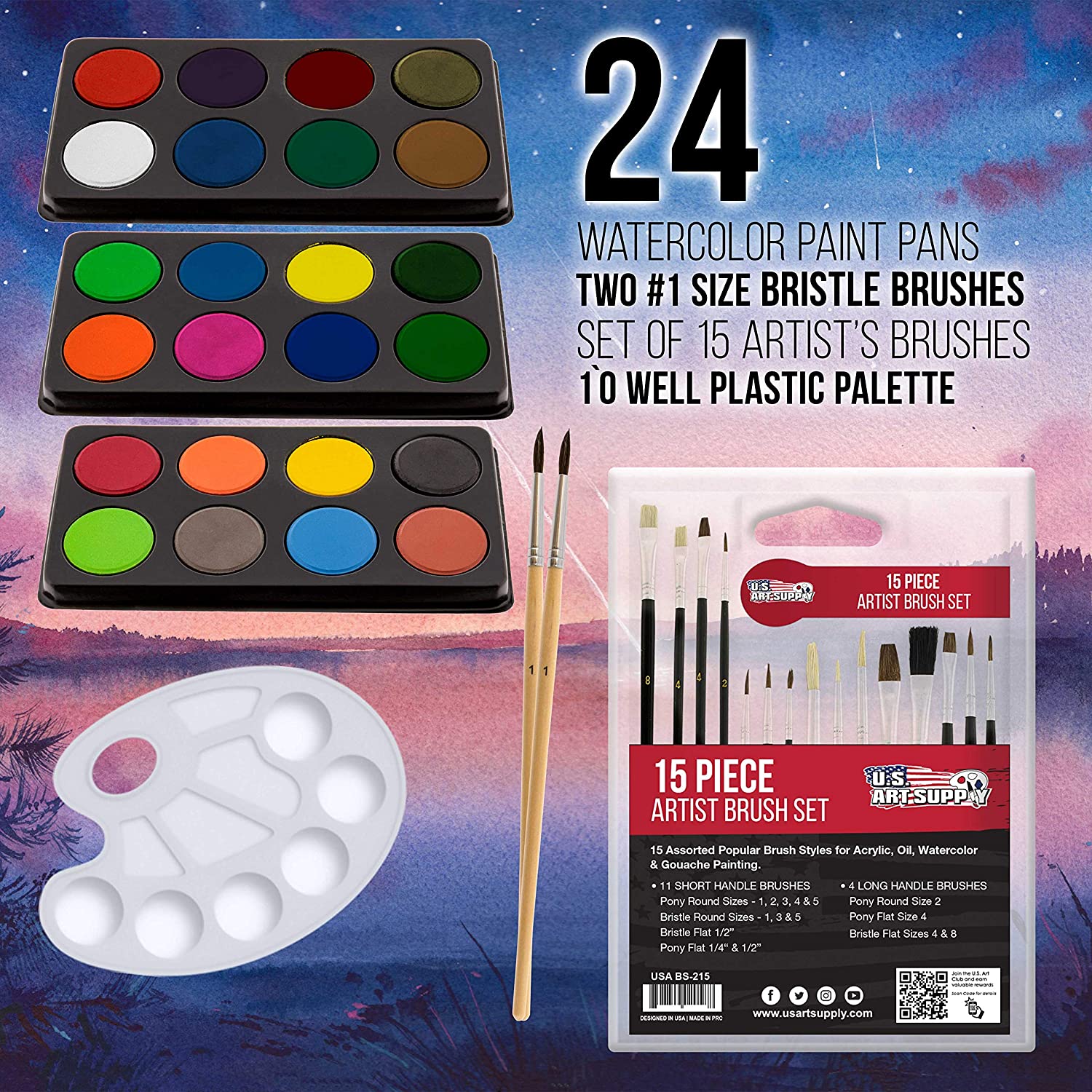 A number of different colored paint palettes along with some artist brushes. The text reads, '24 watercolor paint pans. Two #1 bristle brushes. Set of 15 artist's brushes. 10 well plastic palette.'