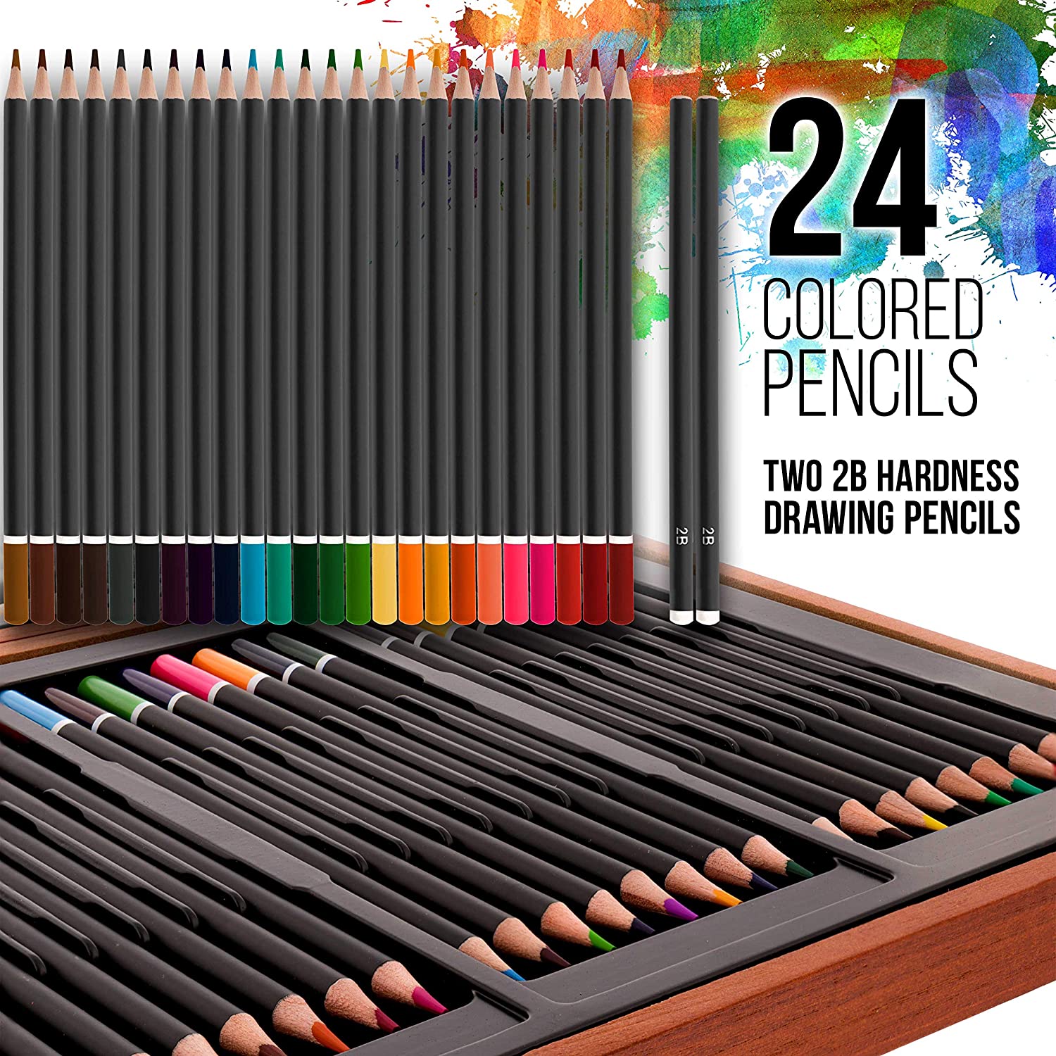 A large number of colored pencils are laid out over two different images. The text reads, '24 colored pencils. Two 2B hardness drawing pencils.'