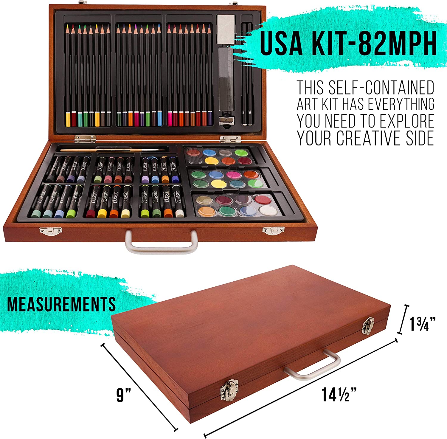 A 102 piece artist drawing set is displayed in a wooden case. The size of the wooden case is shown. The size is 14.5 inches long x 9 inches deep x 1.3/4 inches in width.