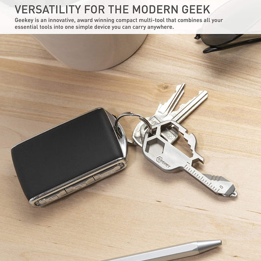 A 16-in-1 multi tool attached to a set of keys on a desk.