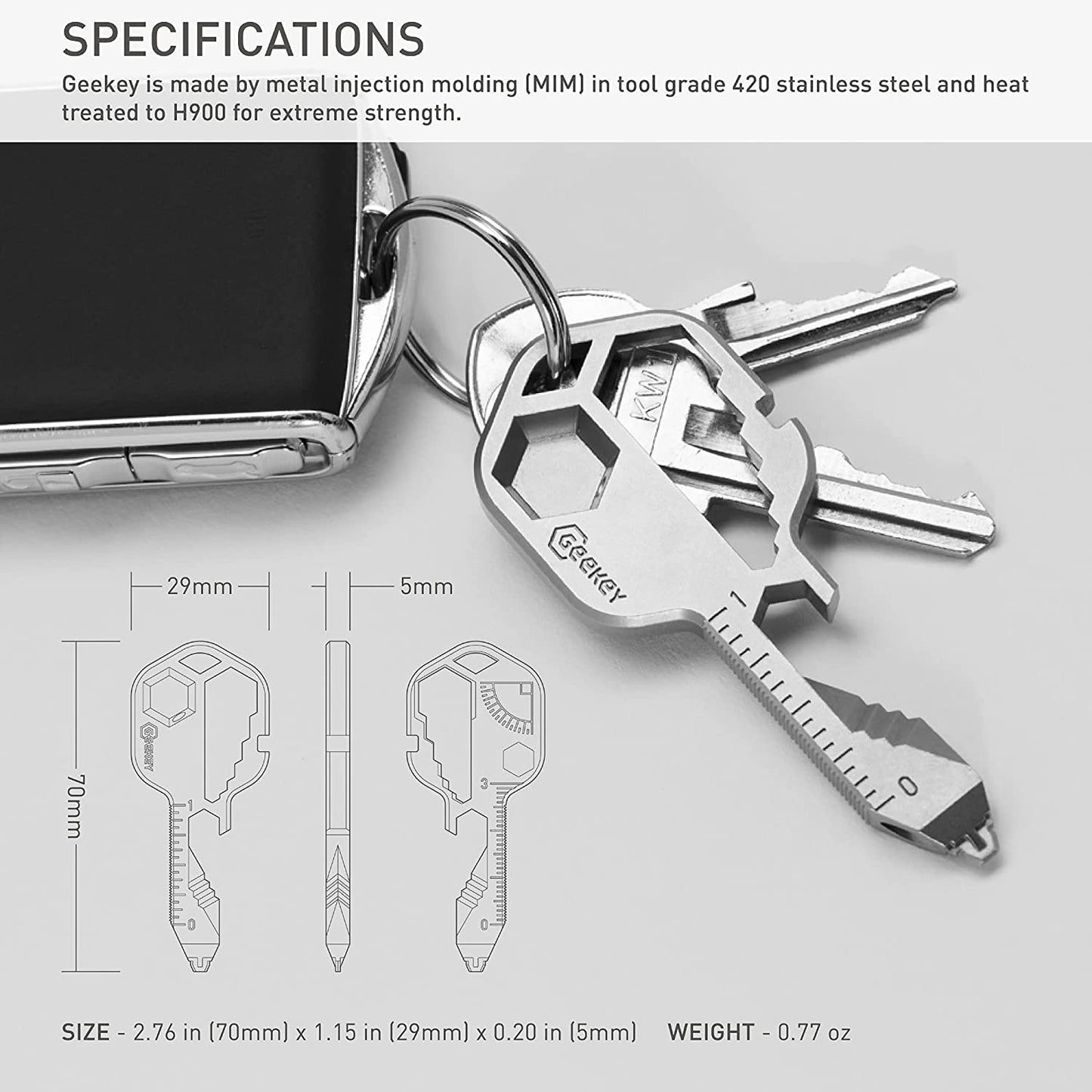 A Geekey 16-in-one multi tool attached to a set of keys.