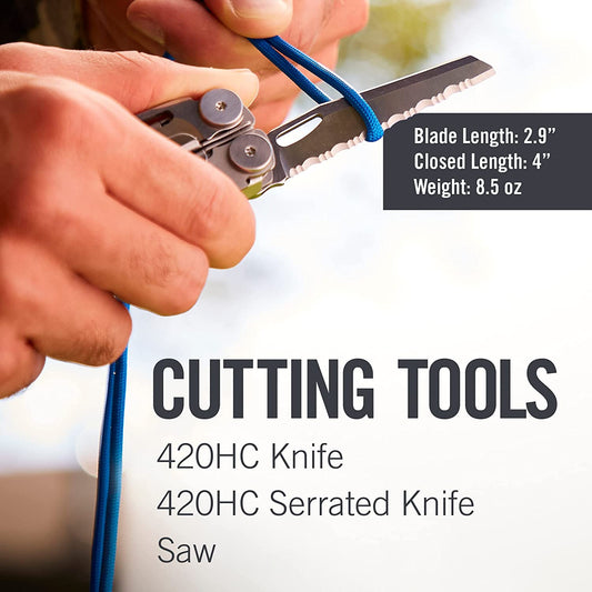 A pair of hands is using an 18-in-one multitool. The text reads, 'Cutting tools, 420HC knife. 420HC Serrated Knife.'