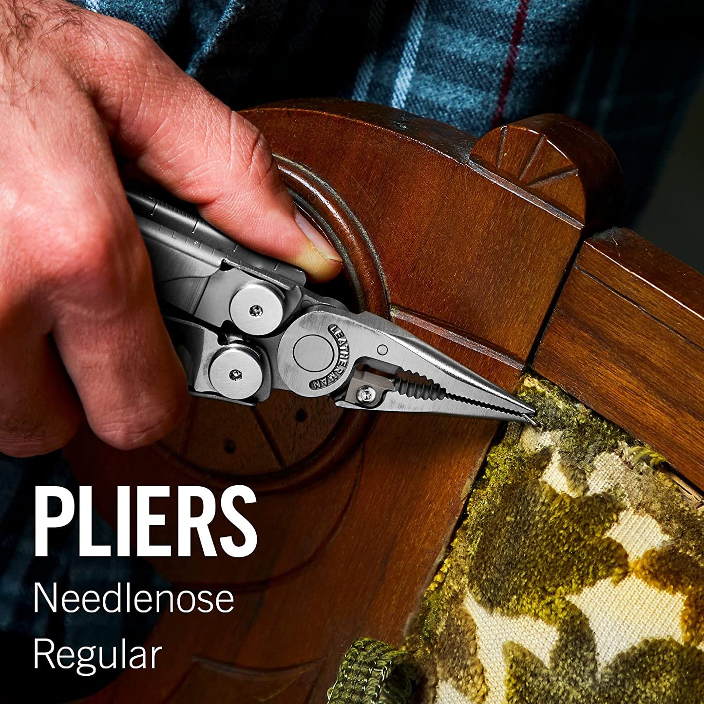 A pair of hands are using a set of pliers from an 18-in-one multitool. The text says, 'Pliers, needle-nose regular.'