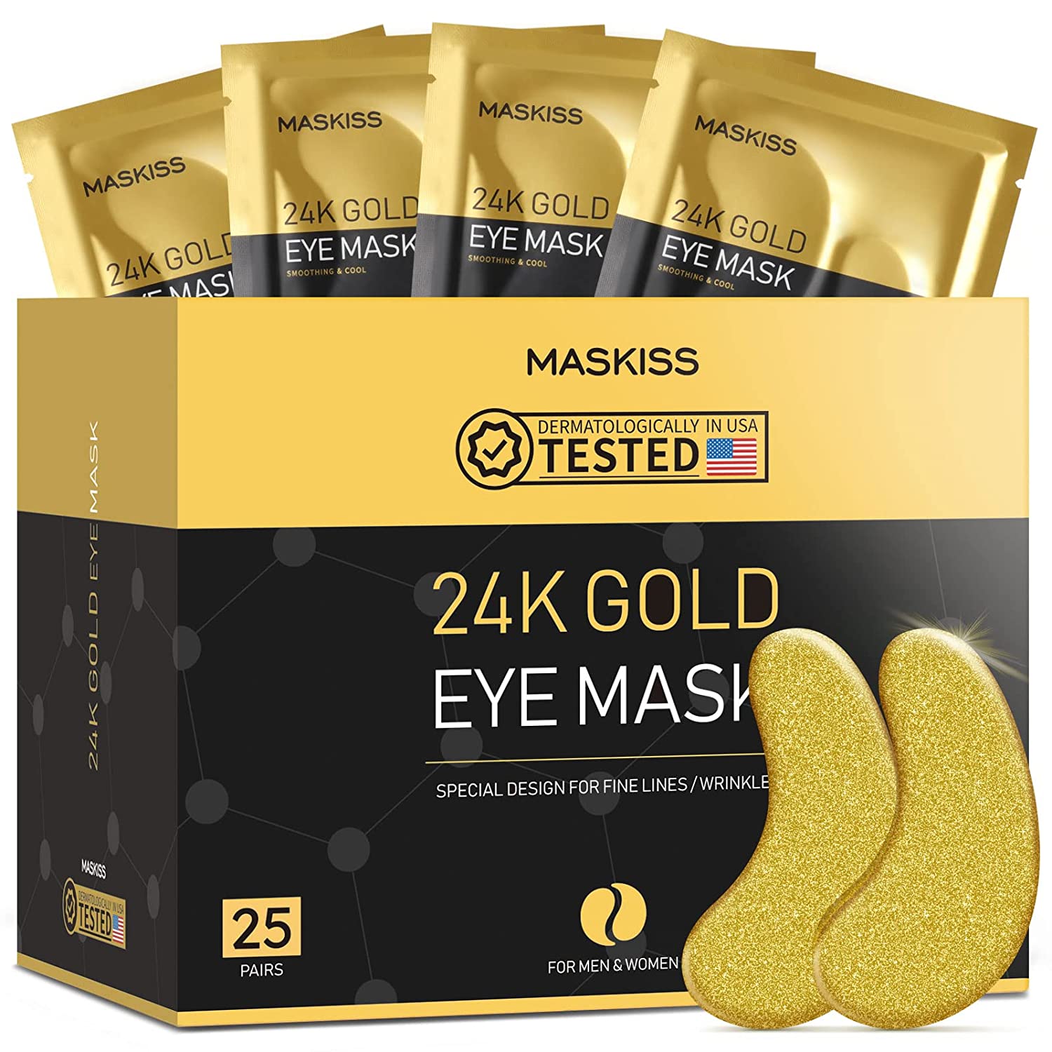 A box of 24 karat gold eye masks with examples of the packets inside plus an example of the eye mask itself.