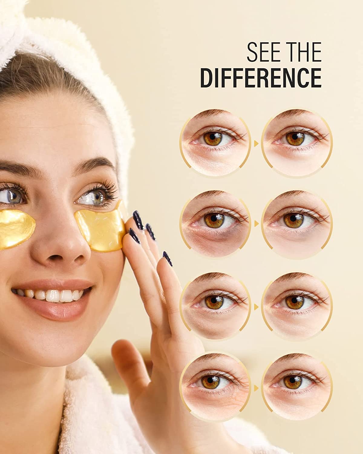 A woman is wearing a pair of 24 karat gold eye masks under her eyes. There are also 8 images of a single eye which is showing before and after images. The text says, 'See the difference.'