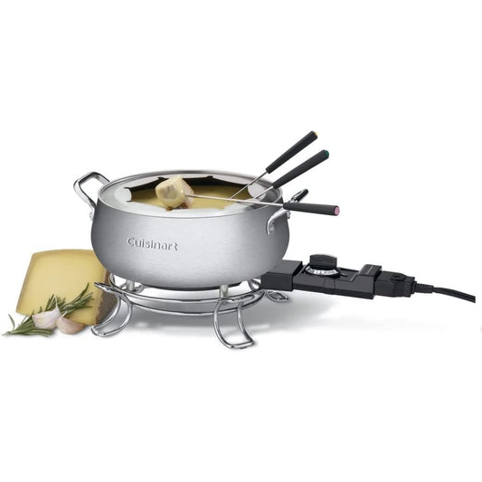 A Cuisinart fondue pot is plugged in with fondue and forks inside the pot.