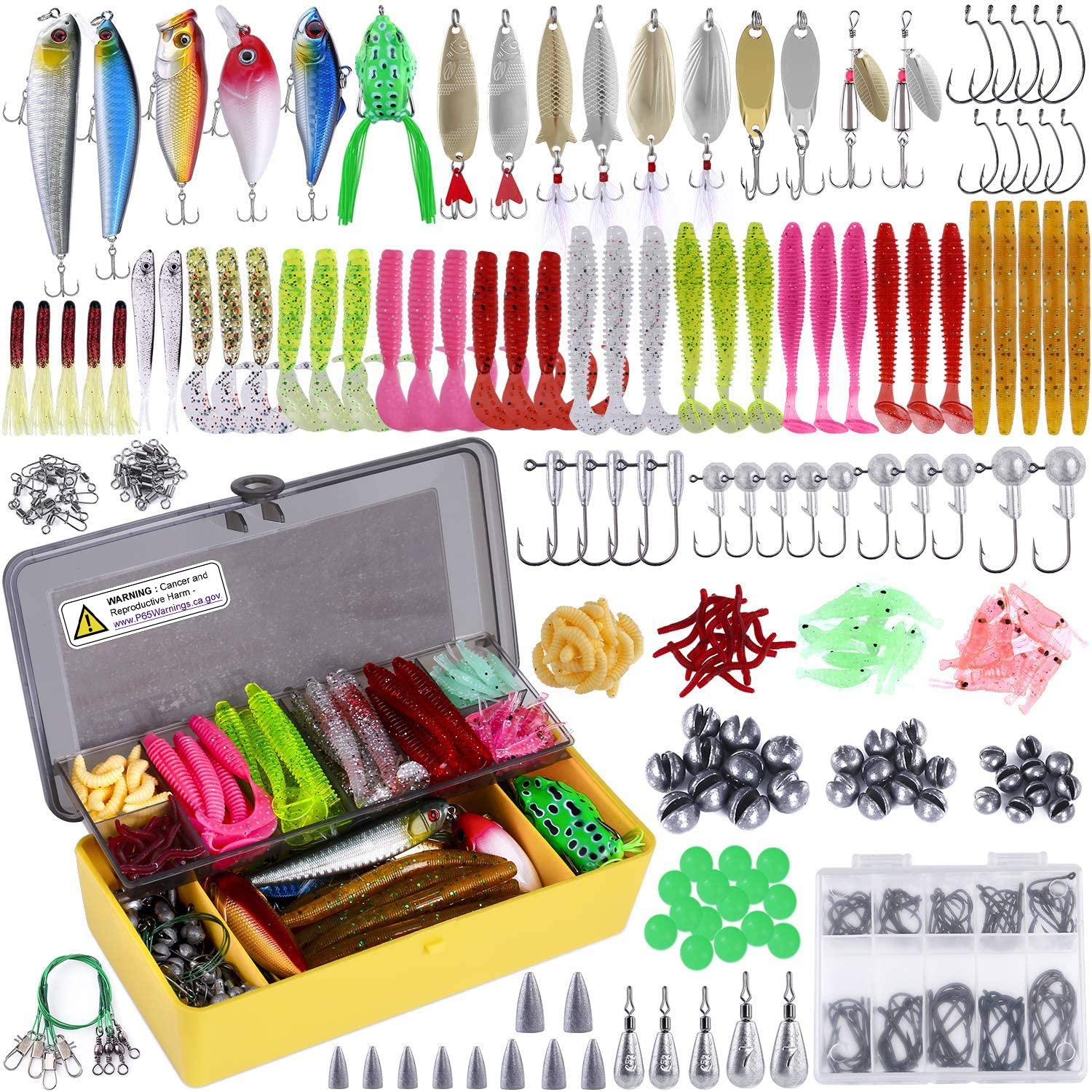 A 320 piece fishing lure set with various accessories laid out as well as a tackle box full of fishing lures and baits.