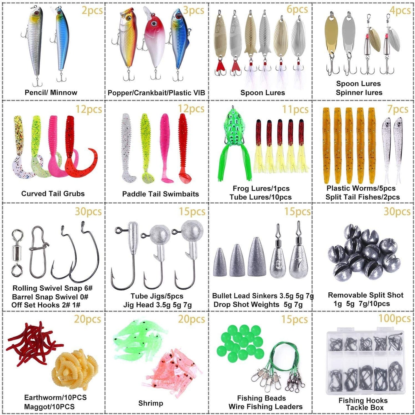 A collage of 16 images. The images show all the various different lures and baits that are included with the 320 fishing lure tackle box.